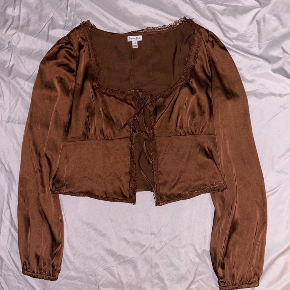 Brown silky tie front long sleeve crop top blouse
